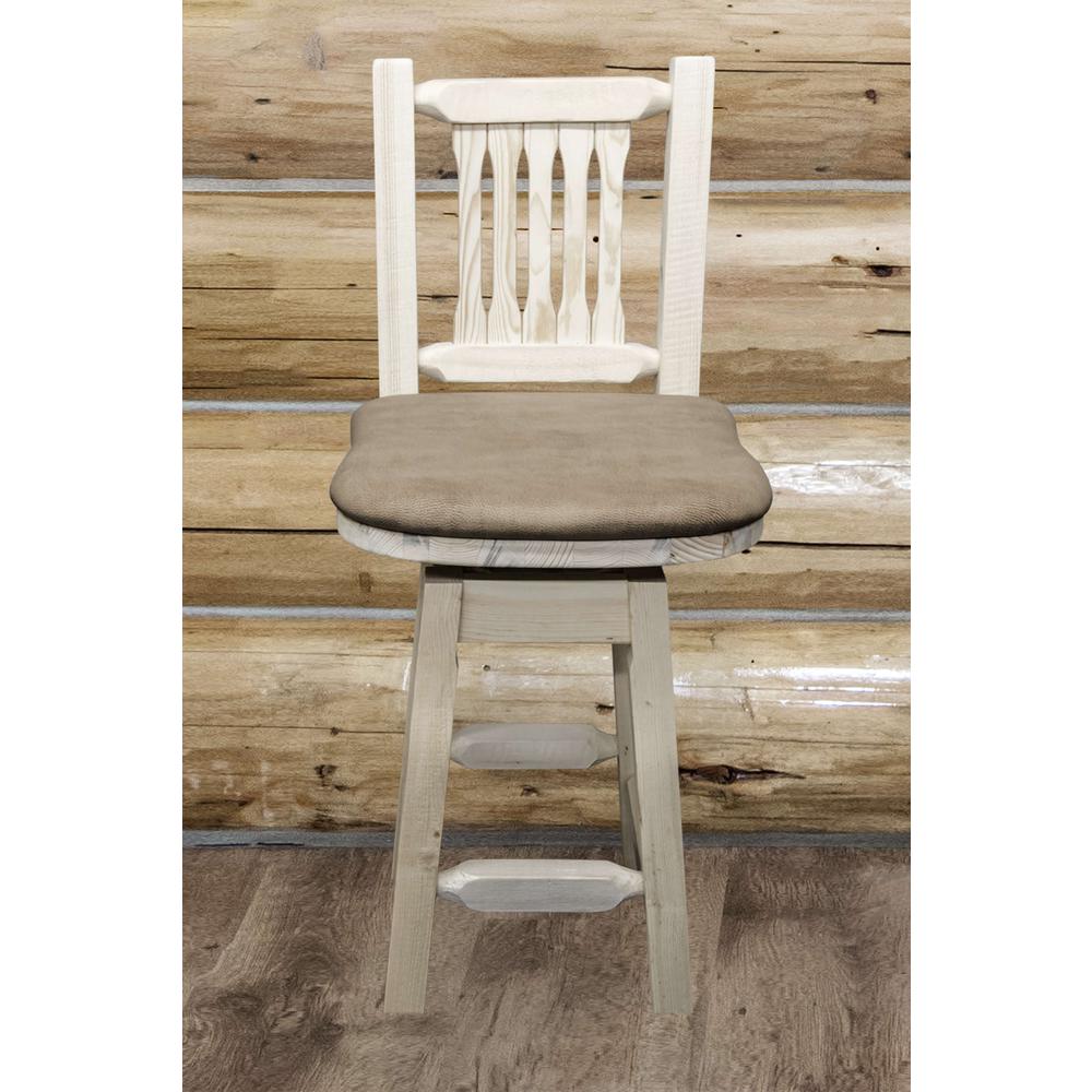 Homestead Collection Counter Height Barstool w/ Back & Swivel - Buckskin Upholstery, Clear Lacquer Finish. Picture 3
