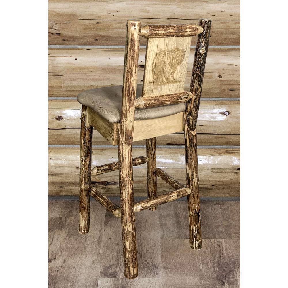 Glacier Country Collection Barstool w/ Back - Buckskin Upholstery, w/ Laser Engraved Bear Design. Picture 6