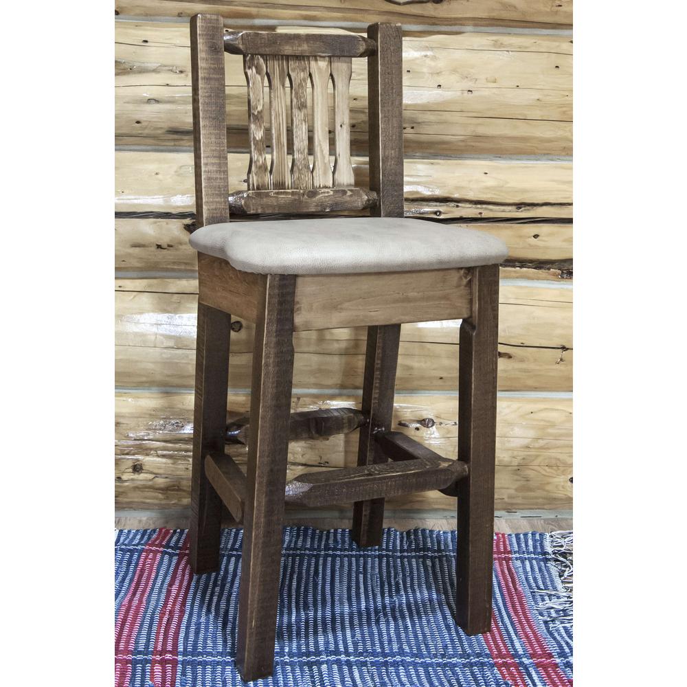 Homestead Collection Barstool w/ Back, Stain & Clear Lacquer Finish w/ Upholstered Seat, Buckskin Pattern. Picture 3