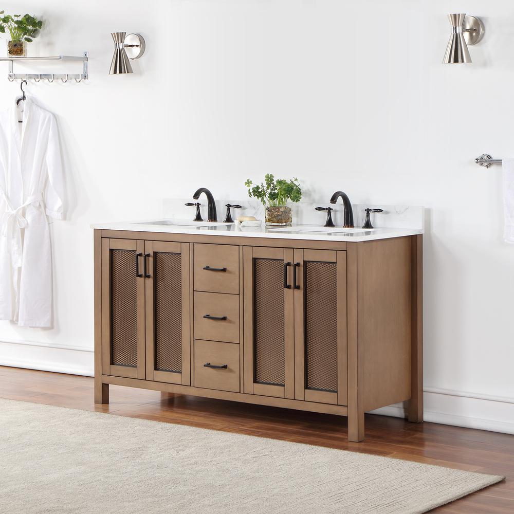 60" Double Bathroom Vanity Set in Brown Pine without Mirror. Picture 4