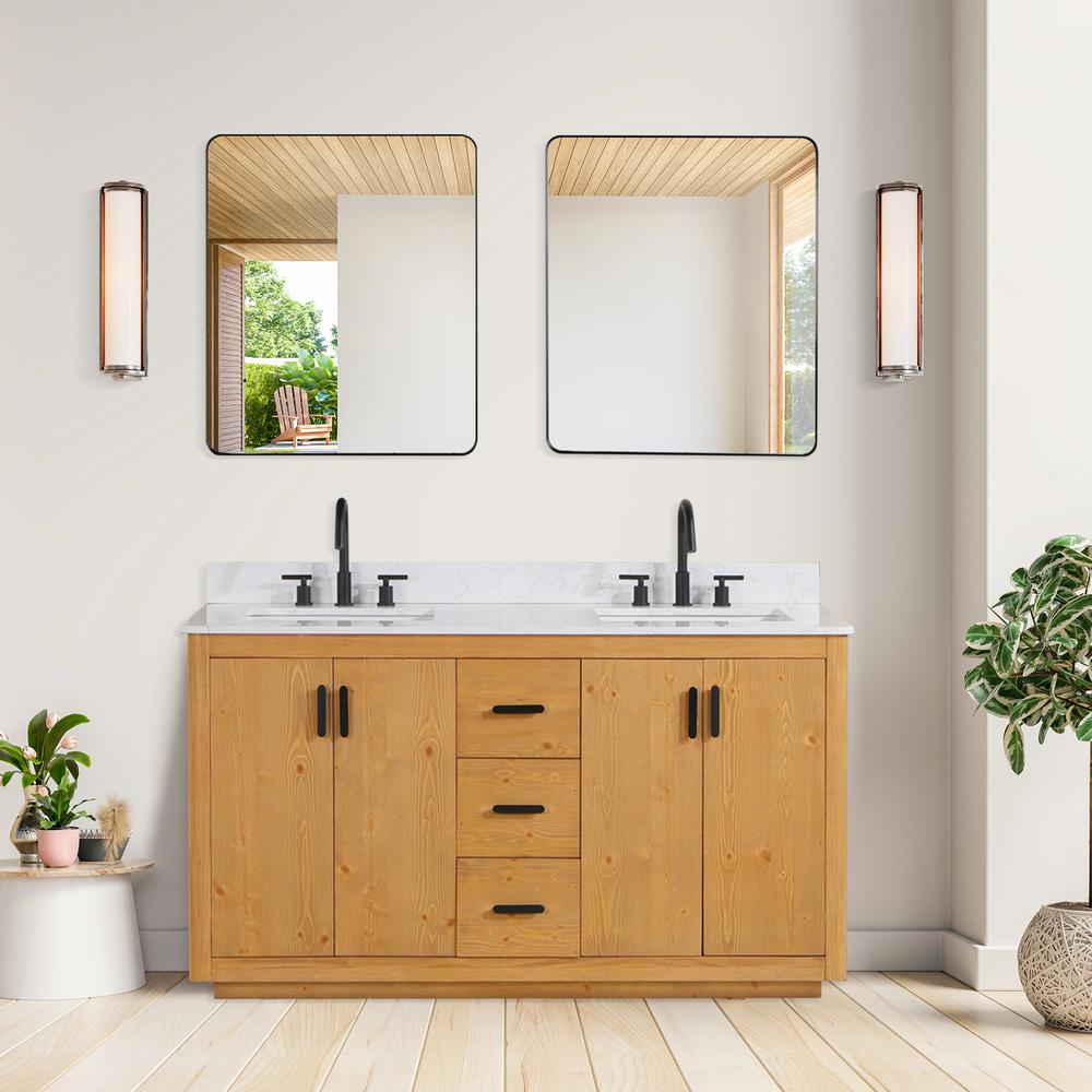 60" Double Bathroom Vanity in Natural Wood with Mirror. Picture 10