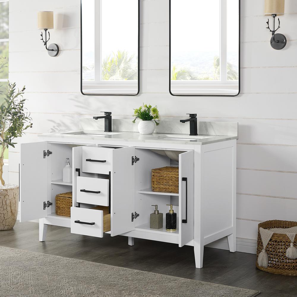 Double Bathroom Vanity in White with Stone Countertop without Mirror. Picture 4