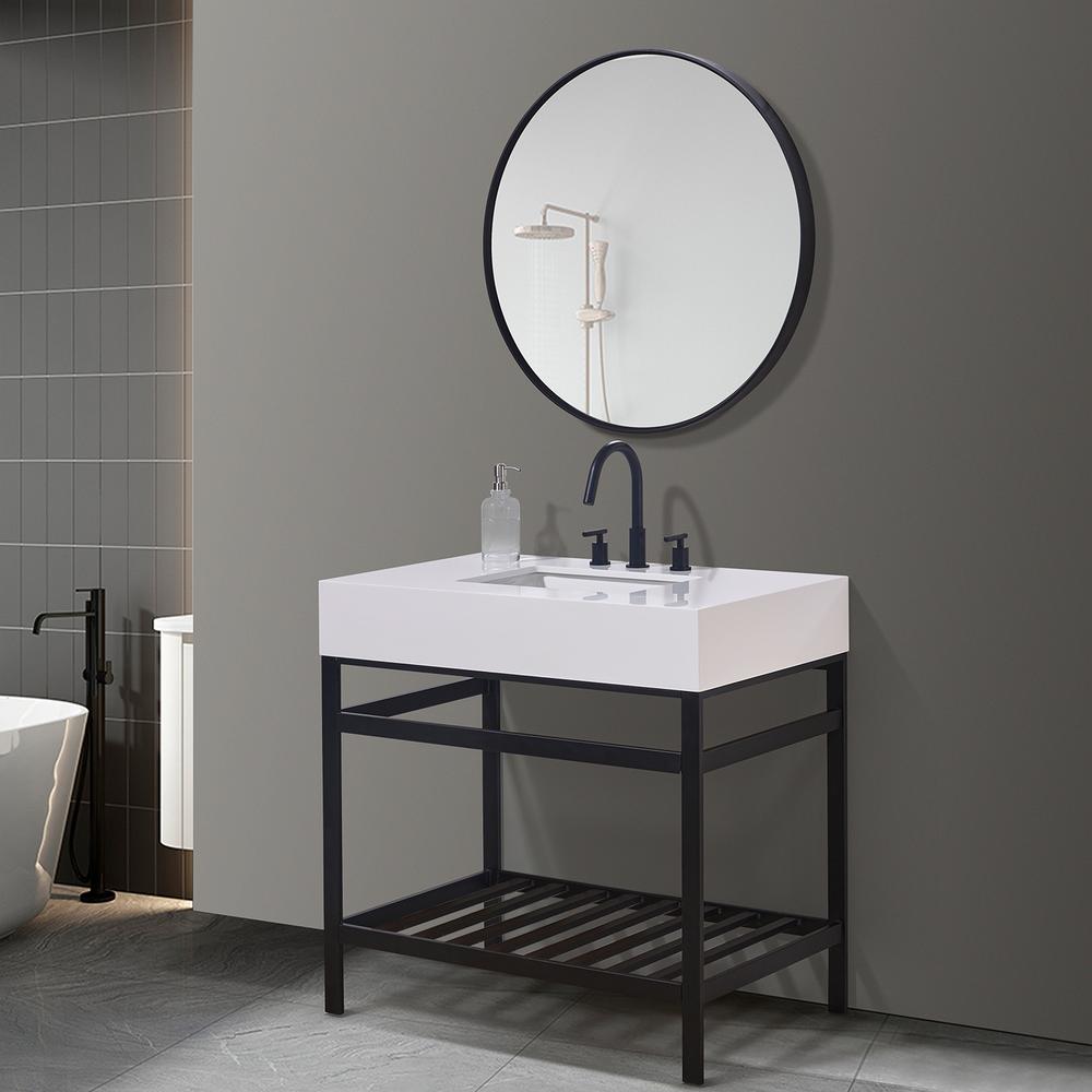 36" Single Stainless Steel Vanity Console in Matt Black and Mirror. Picture 4
