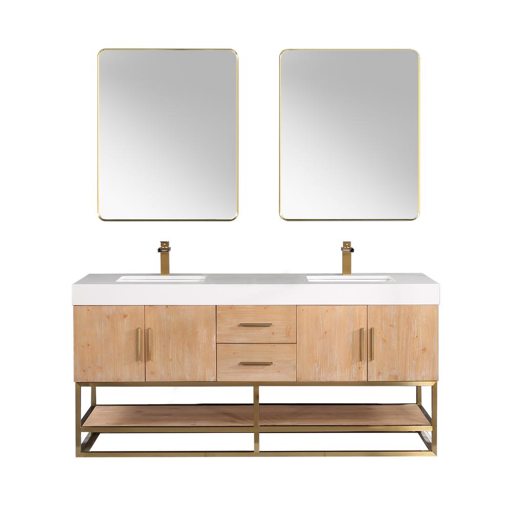 72" Double Bathroom Vanity in Light Brown awith Mirror. Picture 1