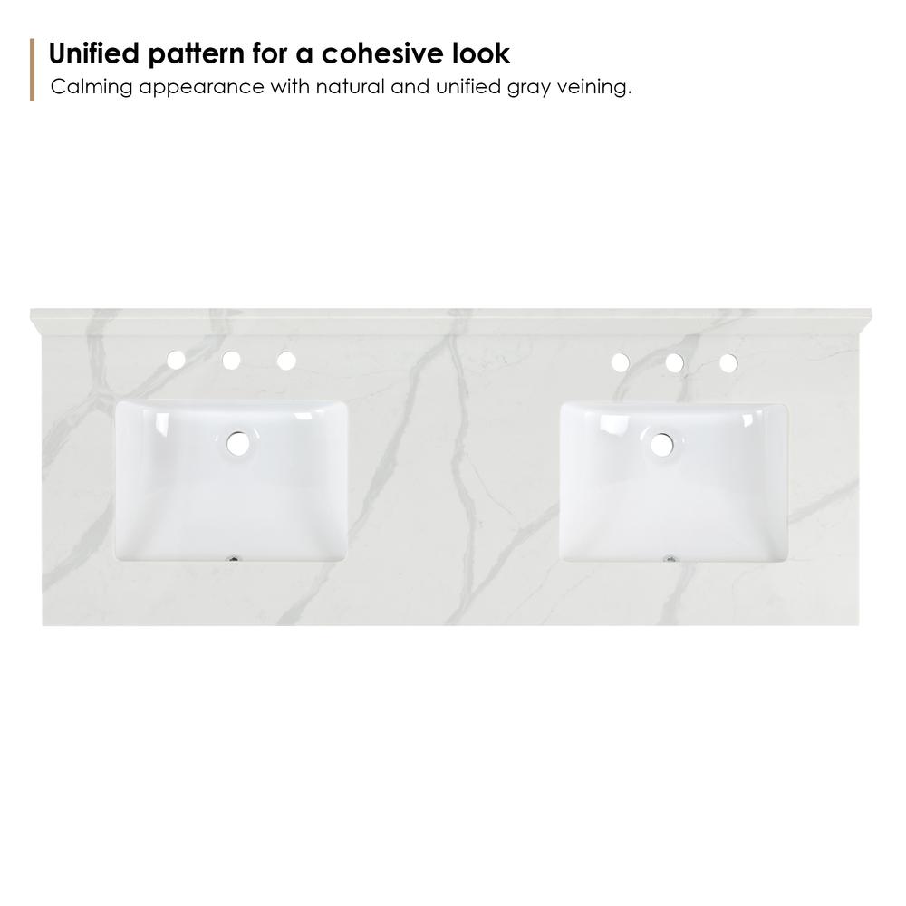 Arbios 60. in Quartz Stone Vanity Top in Calacatta White with White Sink. Picture 3