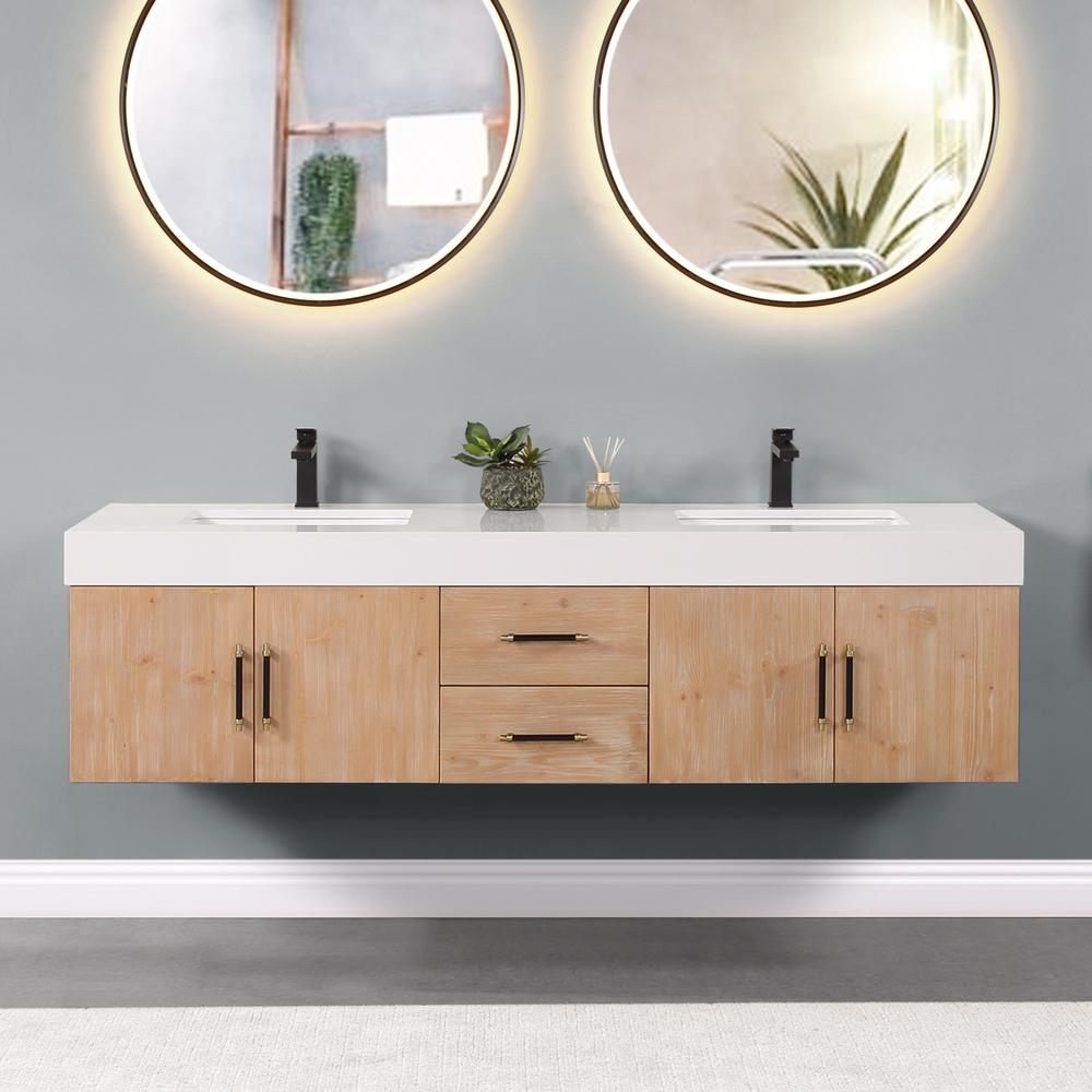72" Wall-mounted Double Bathroom Vanity in Light Brown without Mirror. Picture 4