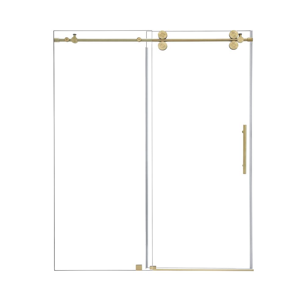 Single Sliding Frameless Shower Door in Brushed Gold with Clear Glass. Picture 1