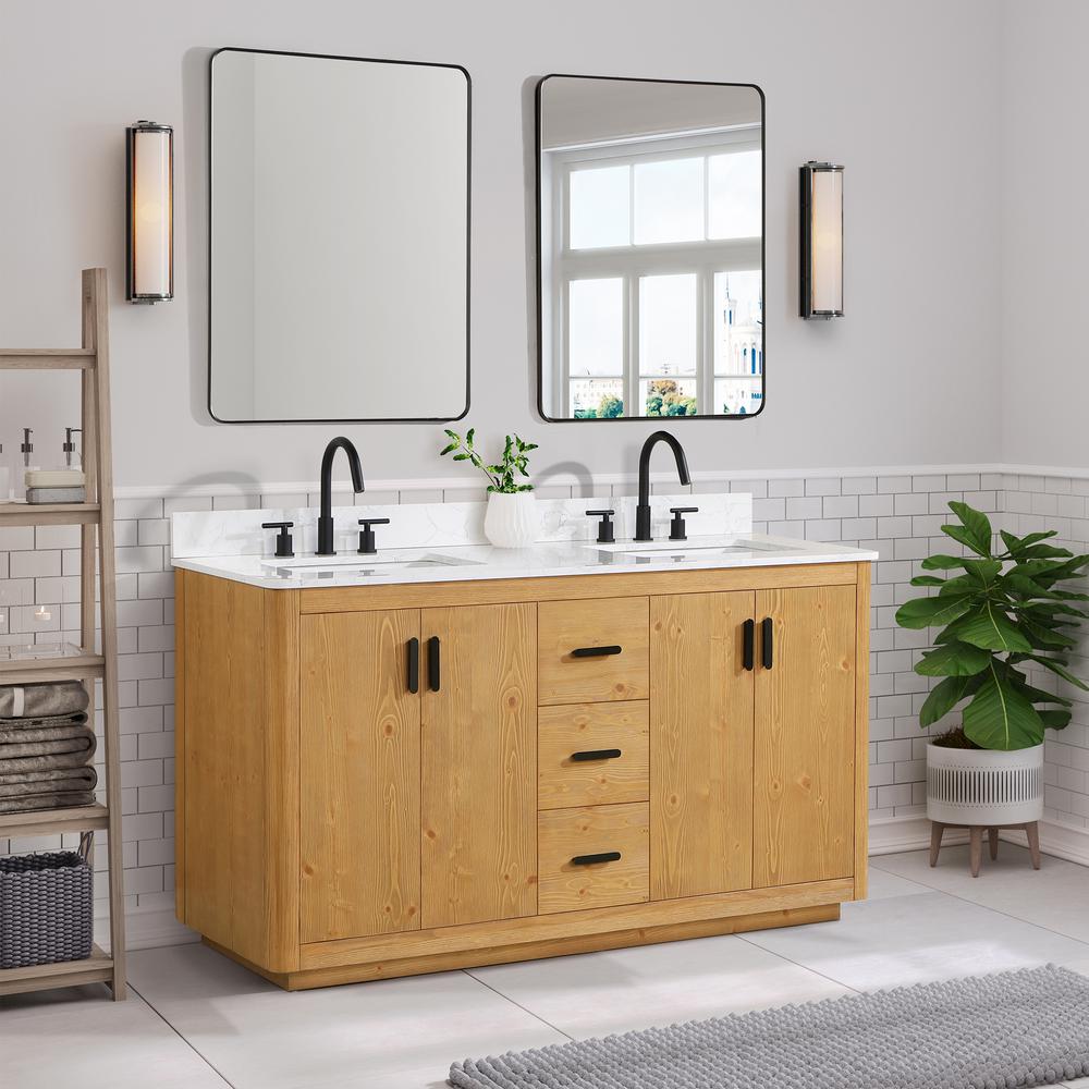 60" Double Bathroom Vanity in Natural Wood without Mirror. Picture 14