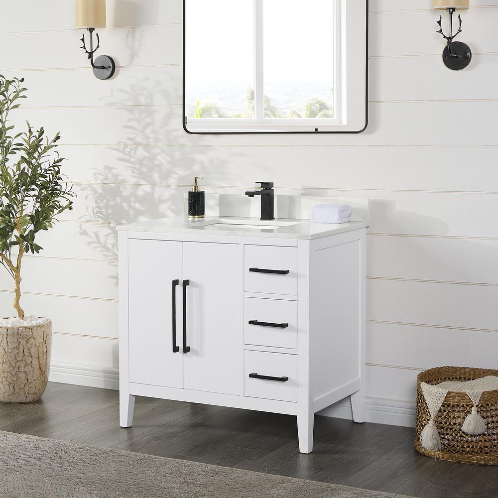 Single Bathroom Vanity in White with Stone Countertop without Mirror. Picture 3