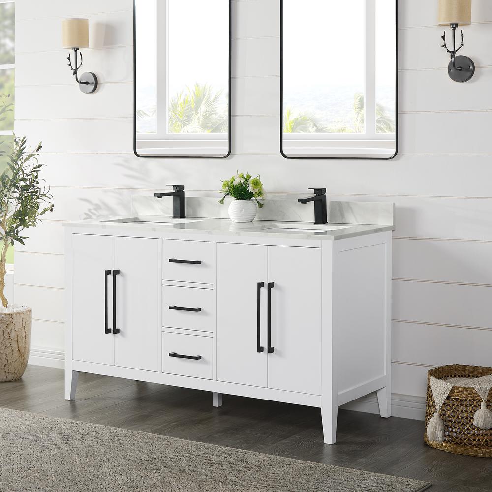 Double Bathroom Vanity in White with Stone Countertop without Mirror. Picture 3
