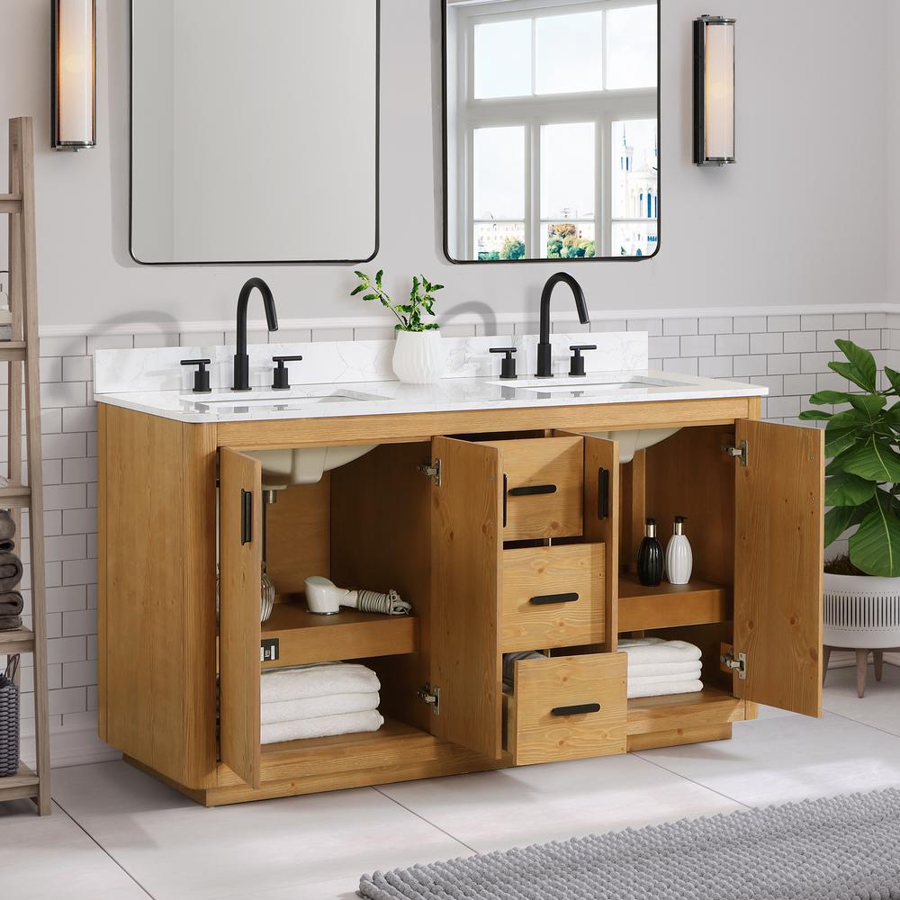 60" Double Bathroom Vanity in Natural Wood without Mirror. Picture 8