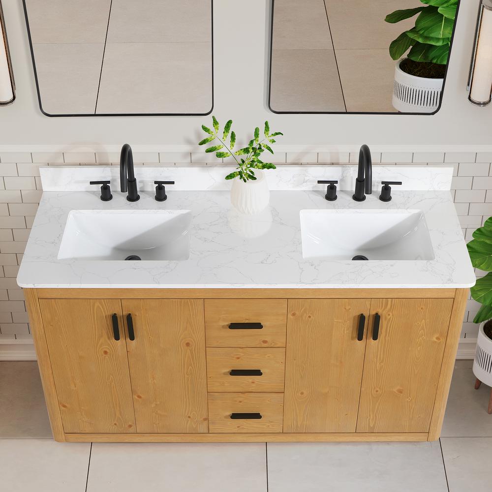 60" Double Bathroom Vanity in Natural Wood without Mirror. Picture 6