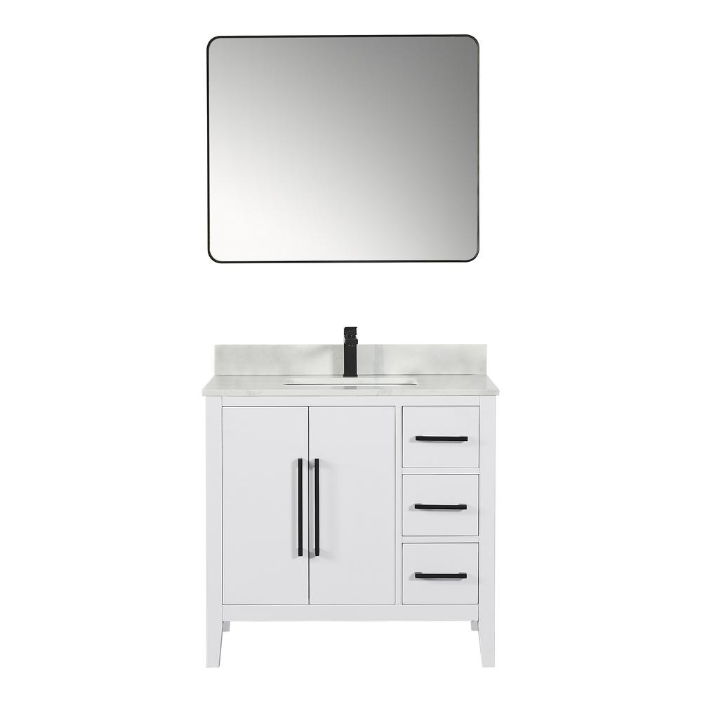Single Bathroom Vanity in White with Stone Countertop with Mirror. Picture 1