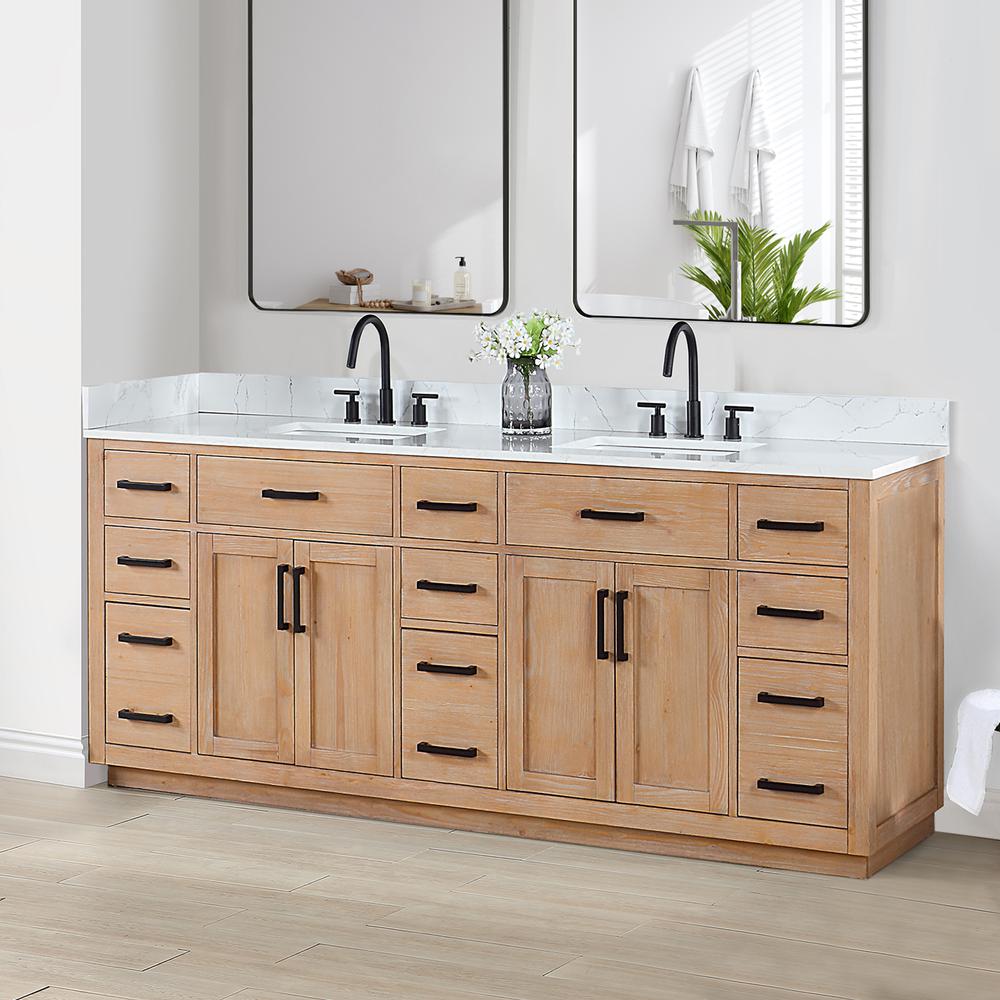84" Double Bathroom Vanity in Light Brown without Mirror. Picture 6