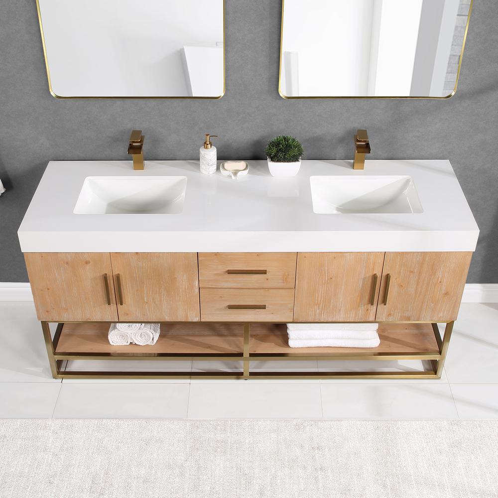 72" Double Bathroom Vanity in Light Brown awithout Mirror. Picture 5