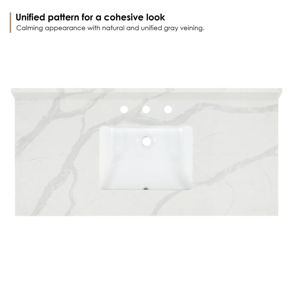 Arbios 48. in Quartz Stone Vanity Top in Calacatta White with White Sink. Picture 3