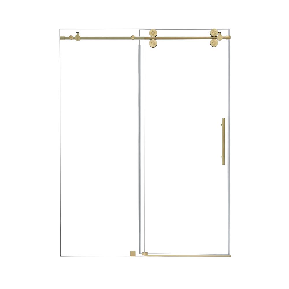 Single Sliding Frameless Shower Door in Brushed Gold with Clear Glass. Picture 1