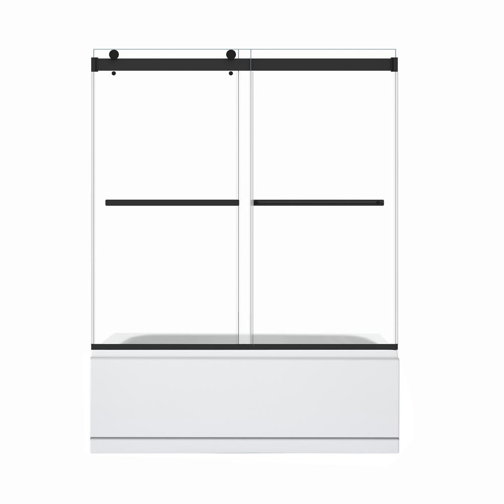 Marcelo 60" W x 58" H By Pass Frameless Tub Door in Matte Black with Clear Glass. Picture 2