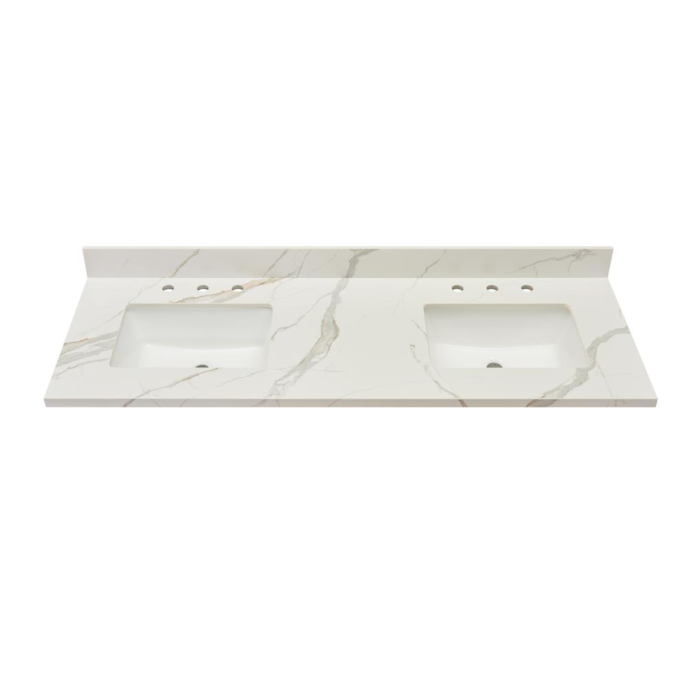 61 in. Composite Stone Vanity Top in Calacatta White with White Sink. Picture 3
