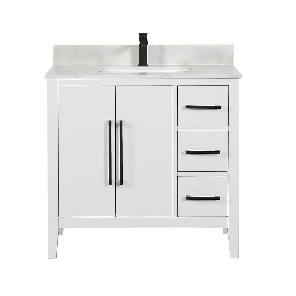Single Bathroom Vanity in White with Stone Countertop without Mirror. Picture 1