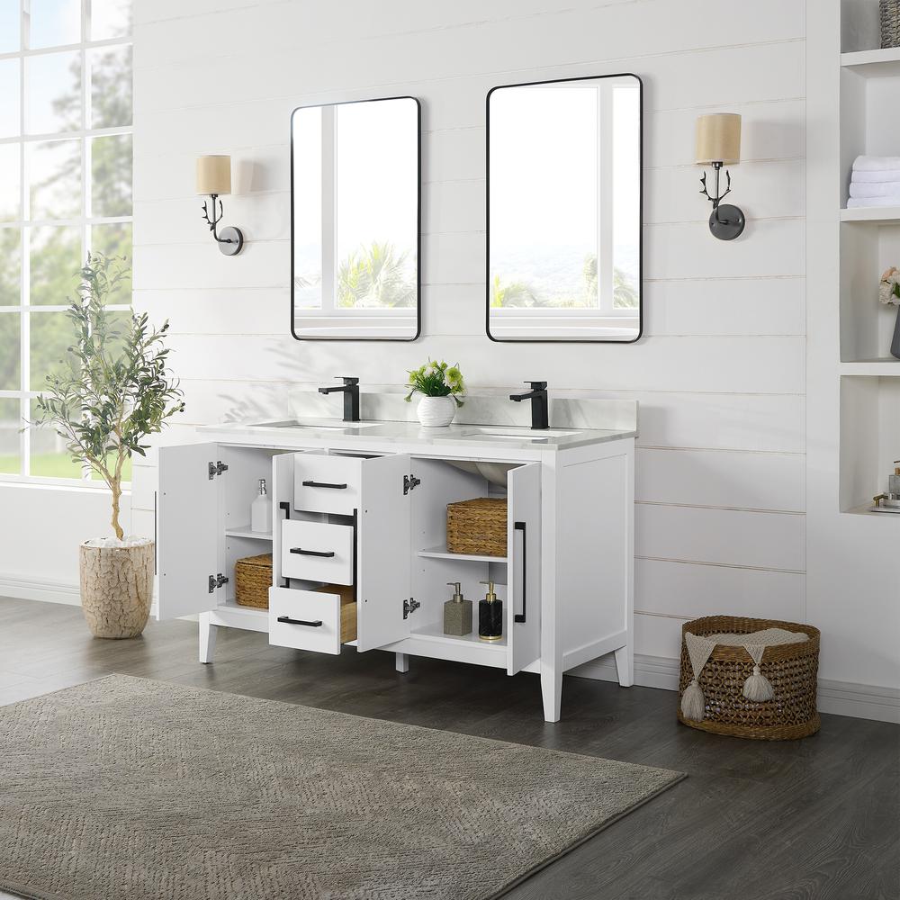 Double Bathroom Vanity in White with White Quartz Stone Countertop with Mirror. Picture 4