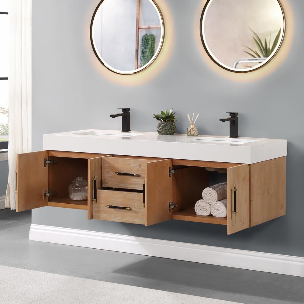 60" Wall-mounted Double Bathroom Vanity in Light Brown without Mirror. Picture 10