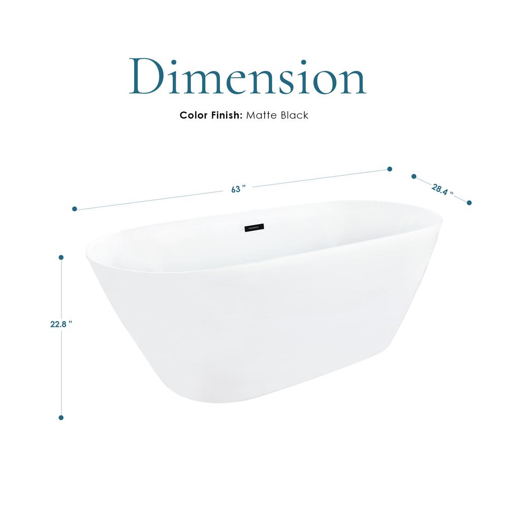 Tazlar 63" x 28" Flatbottom Freestanding Acrylic Soaking Bathtub in Glossy White. Picture 5
