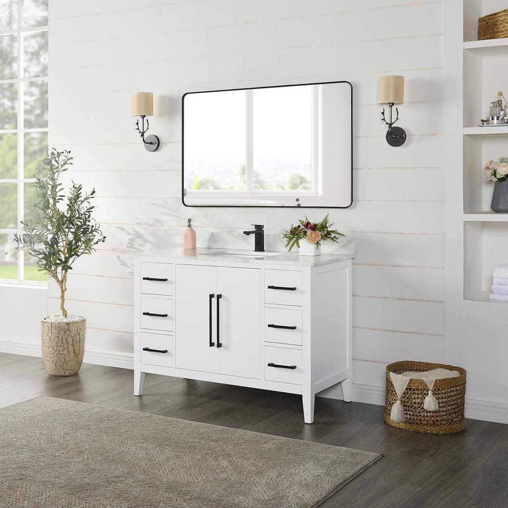 Single Bathroom Vanity in White with Stone Countertop with Mirror. Picture 3