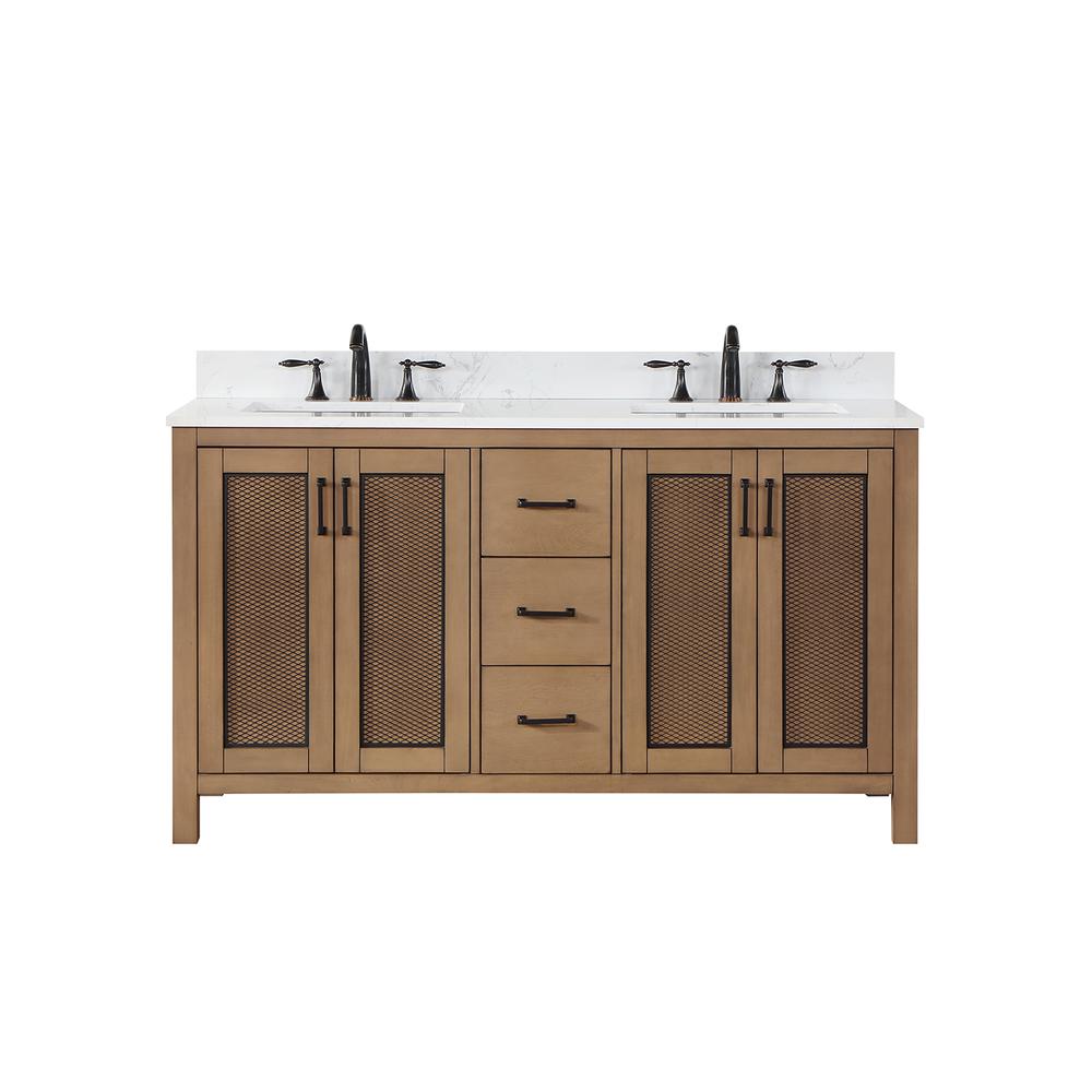 60" Double Bathroom Vanity Set in Brown Pine without Mirror. Picture 1