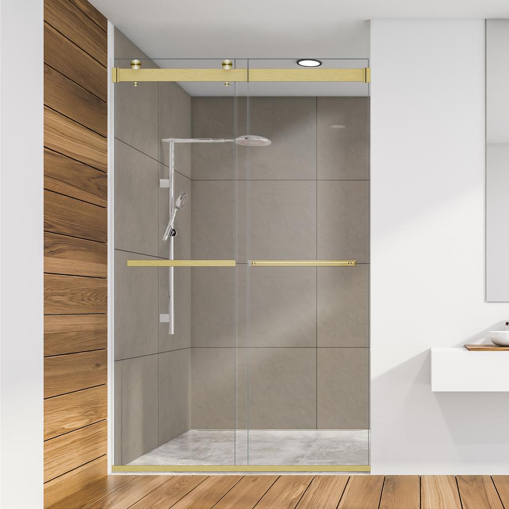 By Pass Frameless Shower Door in Brushed Gold with Clear Glass. Picture 7