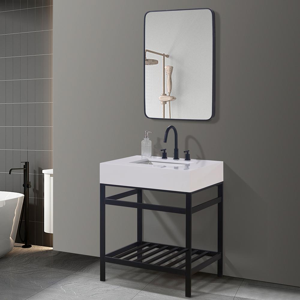 30" Single Stainless Steel Vanity Console in Matt Black and Mirror. Picture 4