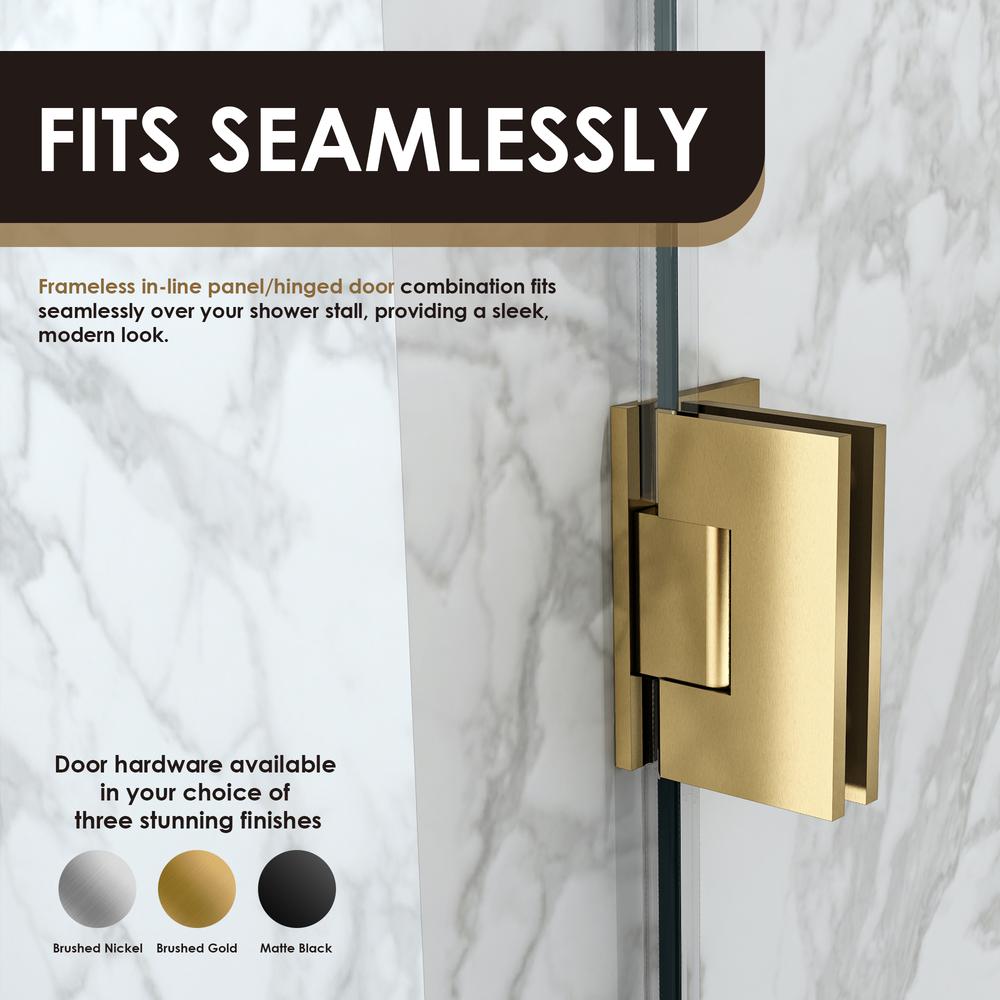 Roisin 60" W x 58" H Frameless Hinged Tub Door in Brushed Gold with Clear Glass. Picture 7