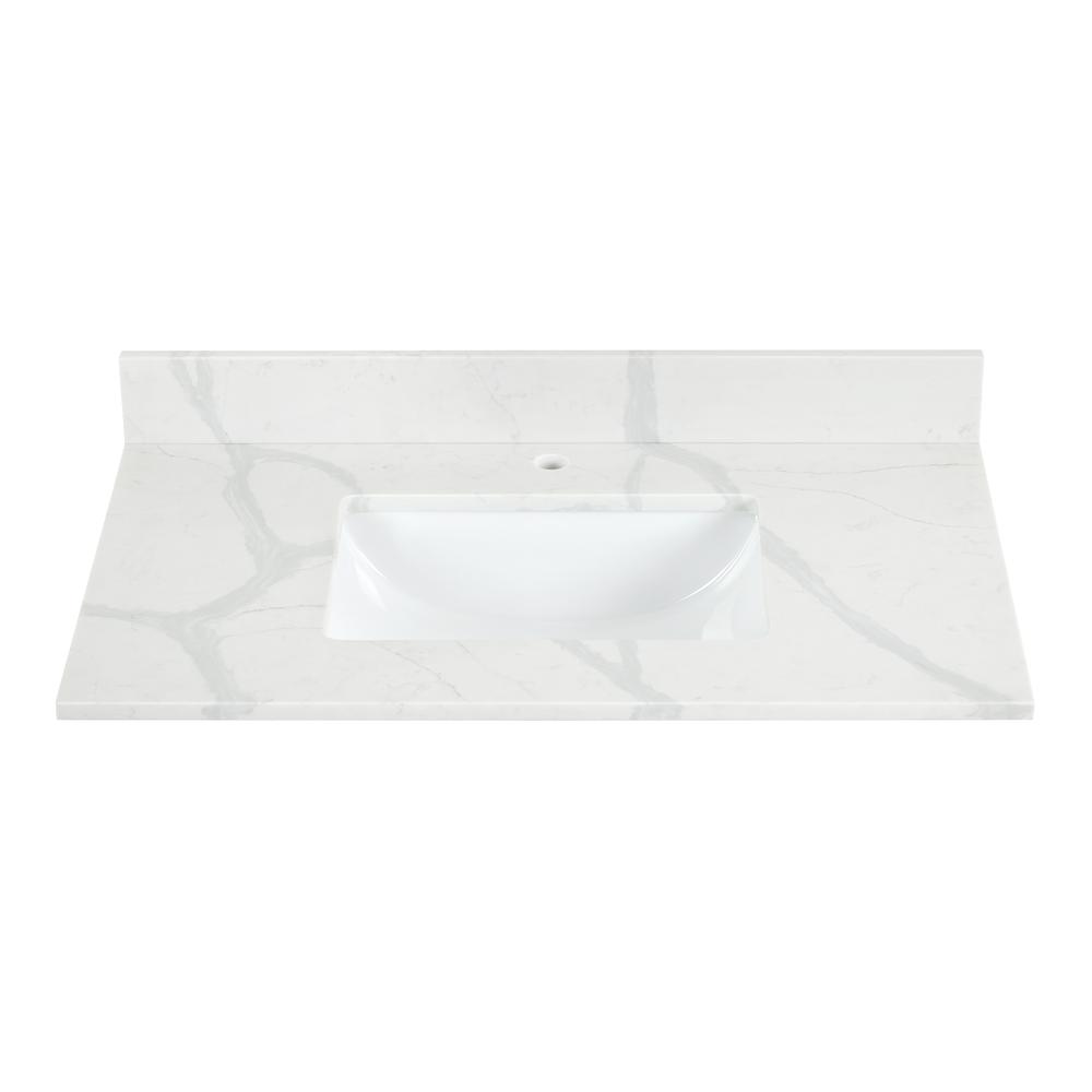 Arbios 36. in Quartz Stone Vanity Top in Calacatta White with White Sink. Picture 1