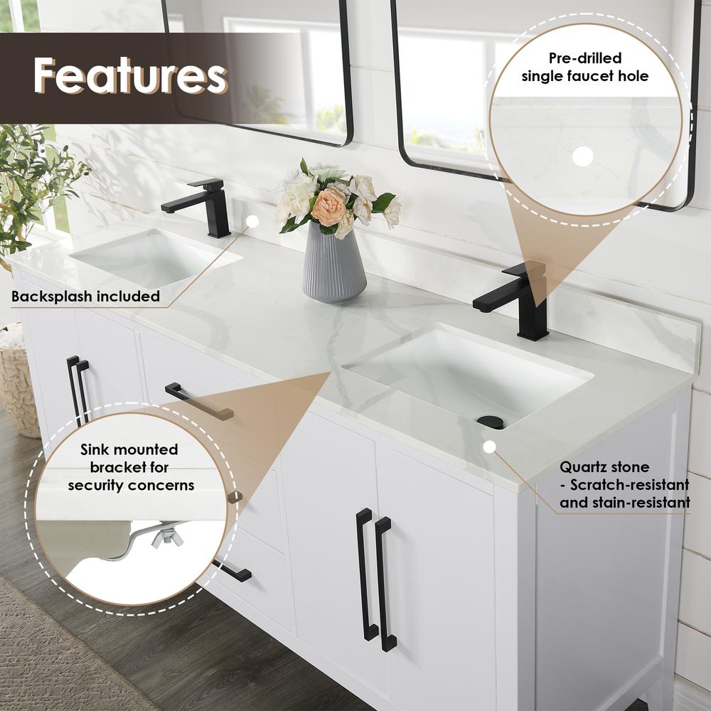 Double Bathroom Vanity in White with White Quartz Stone Countertop with Mirror. Picture 5