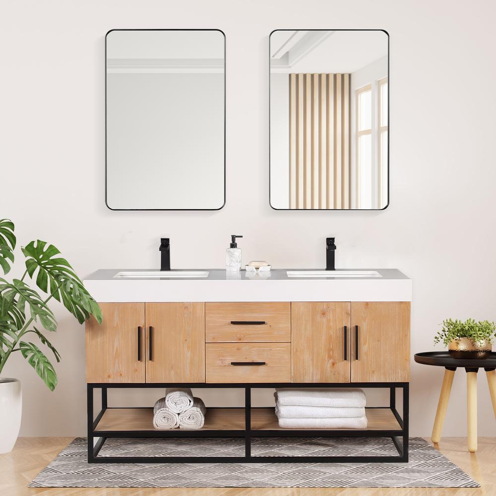 60" Double Bathroom Vanity in Light Brown awith Mirror. Picture 11