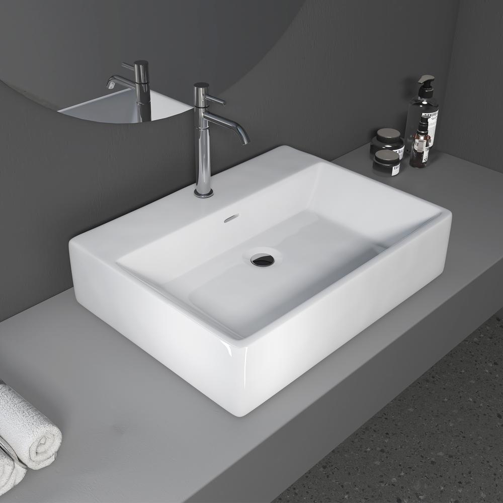 24 in. Rectangle White Finish Ceramic Vessel Bathroom Vanity Sink with Overflow. Picture 5