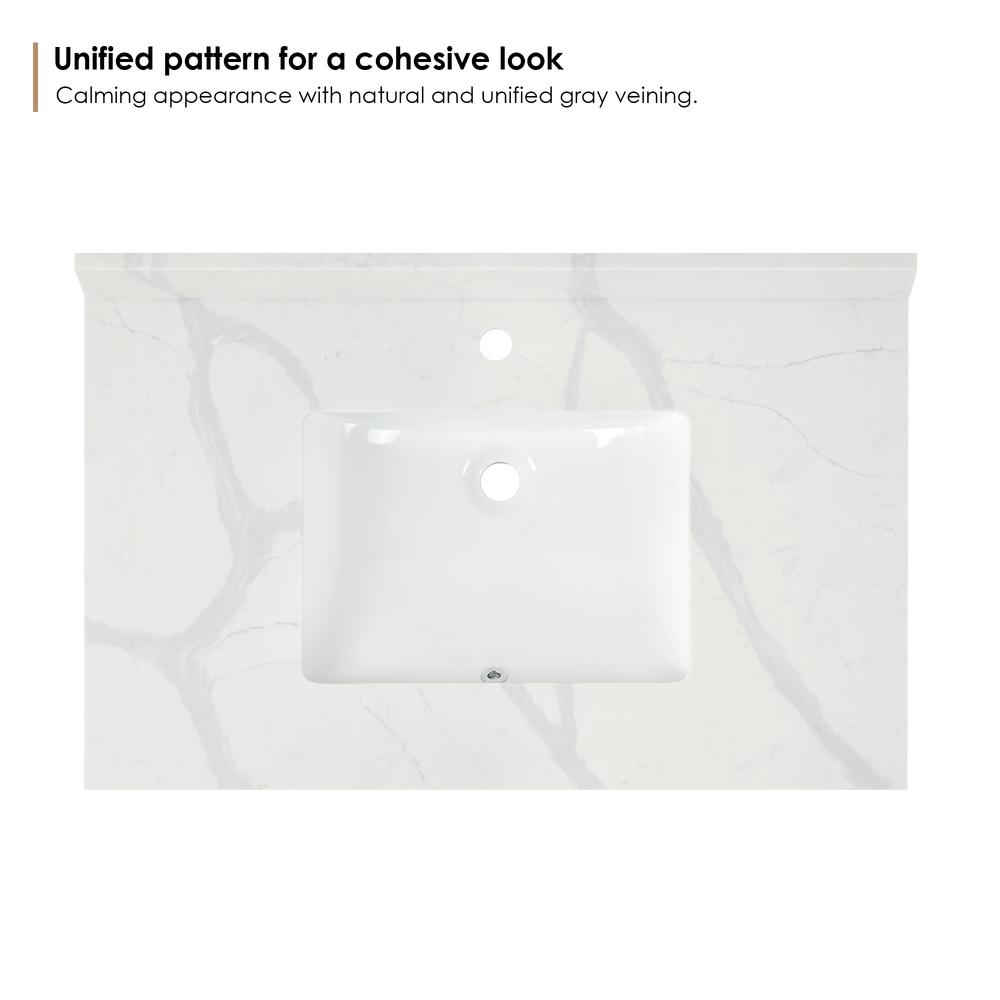 Arbios 36. in Quartz Stone Vanity Top in Calacatta White with White Sink. Picture 3