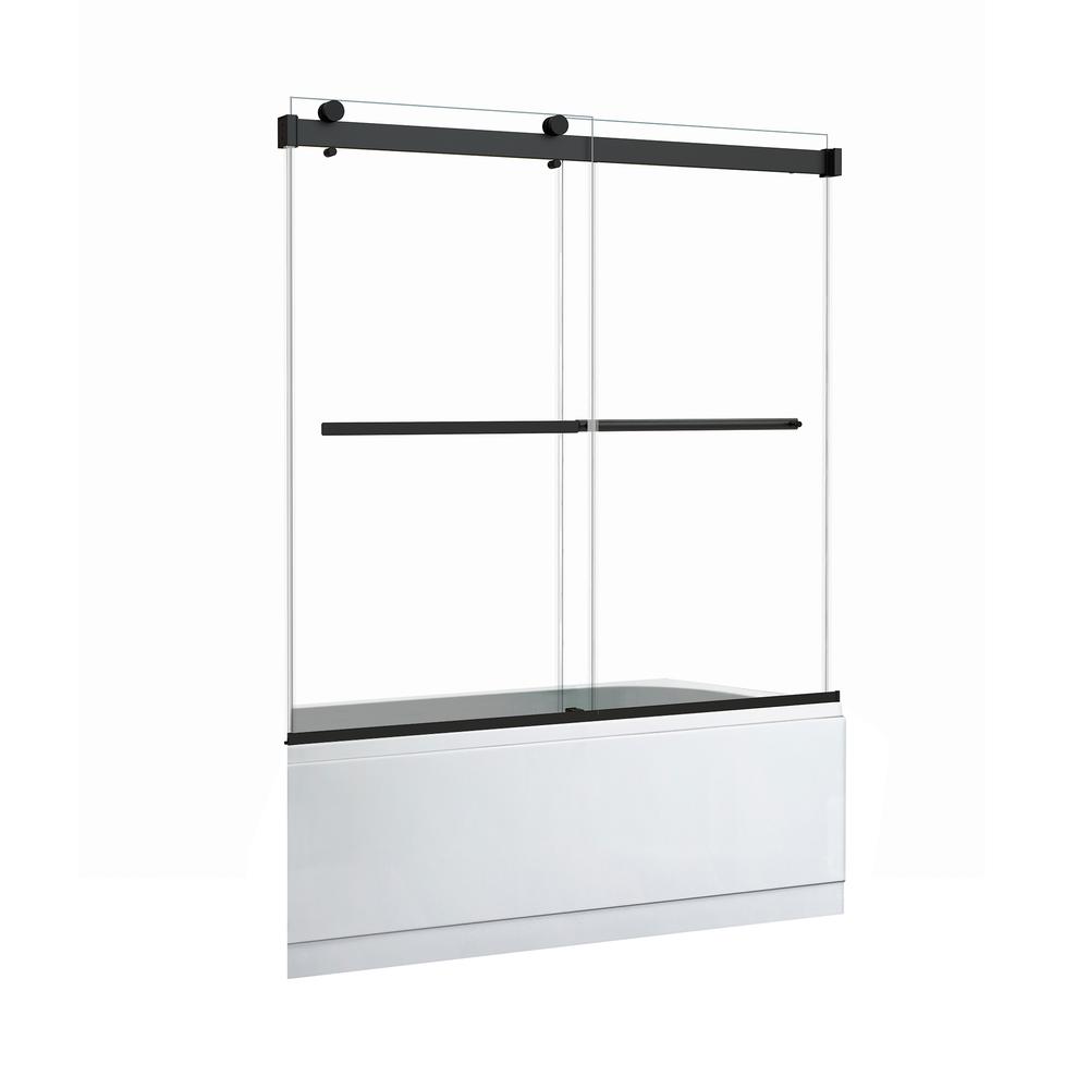 Marcelo 60" W x 58" H By Pass Frameless Tub Door in Matte Black with Clear Glass. Picture 1