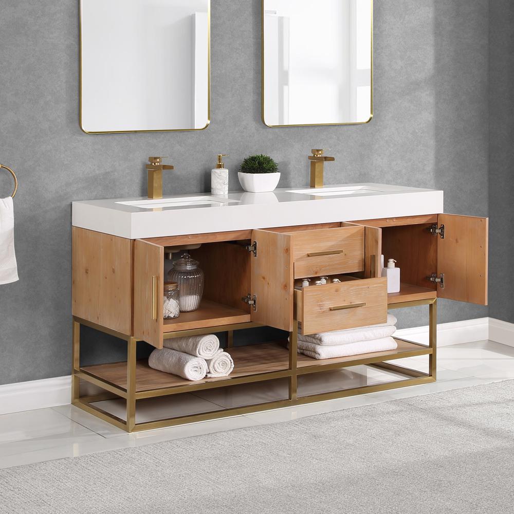60" Double Bathroom Vanity in Light Brown awithout Mirror. Picture 6