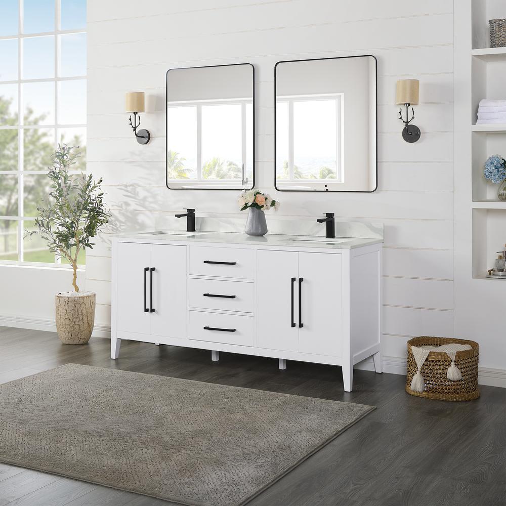 Double Bathroom Vanity in White with White Quartz Stone Countertop with Mirror. Picture 3