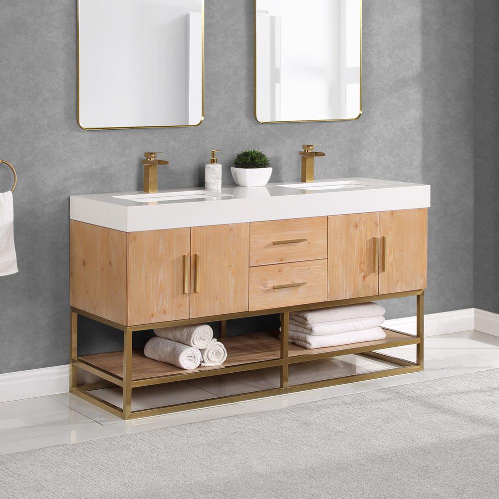 60" Double Bathroom Vanity in Light Brown awithout Mirror. Picture 5