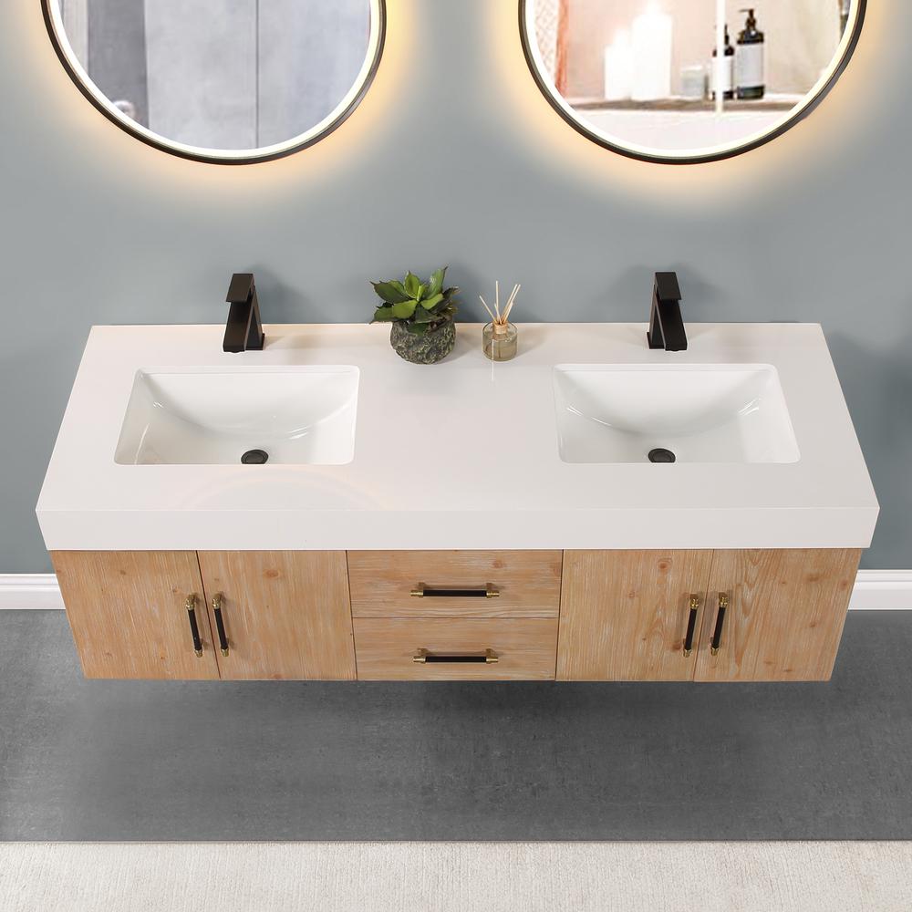 60" Wall-mounted Double Bathroom Vanity in Light Brown without Mirror. Picture 5