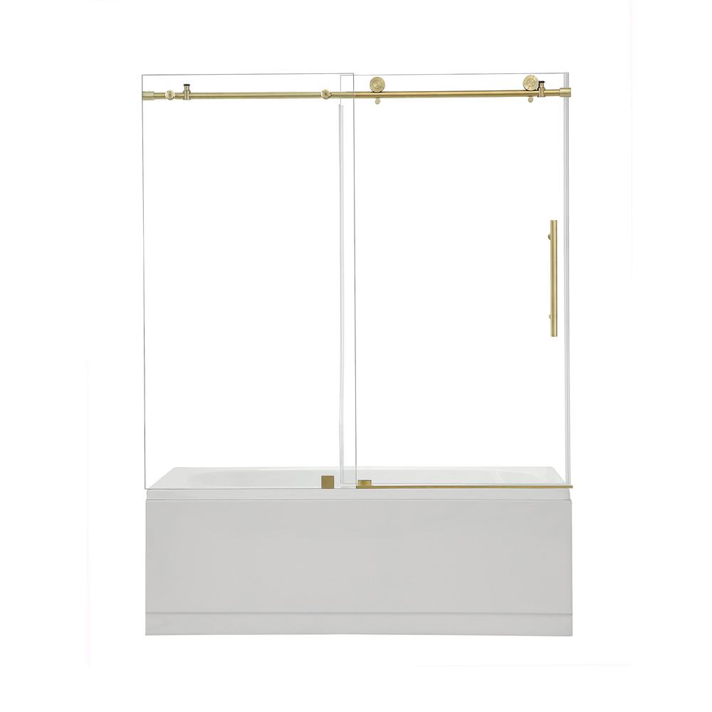 Single Sliding Frameless Tub Door in Brushed Gold with Clear Glass. Picture 1