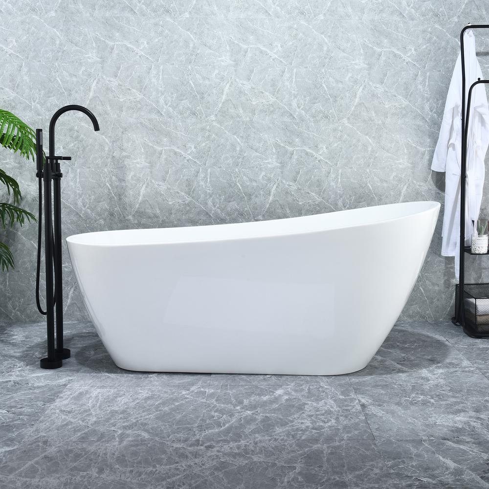 Ipure 67" x 29" Flatbottom Freestanding Acrylic Soaking Bathtub in Glossy White. Picture 7