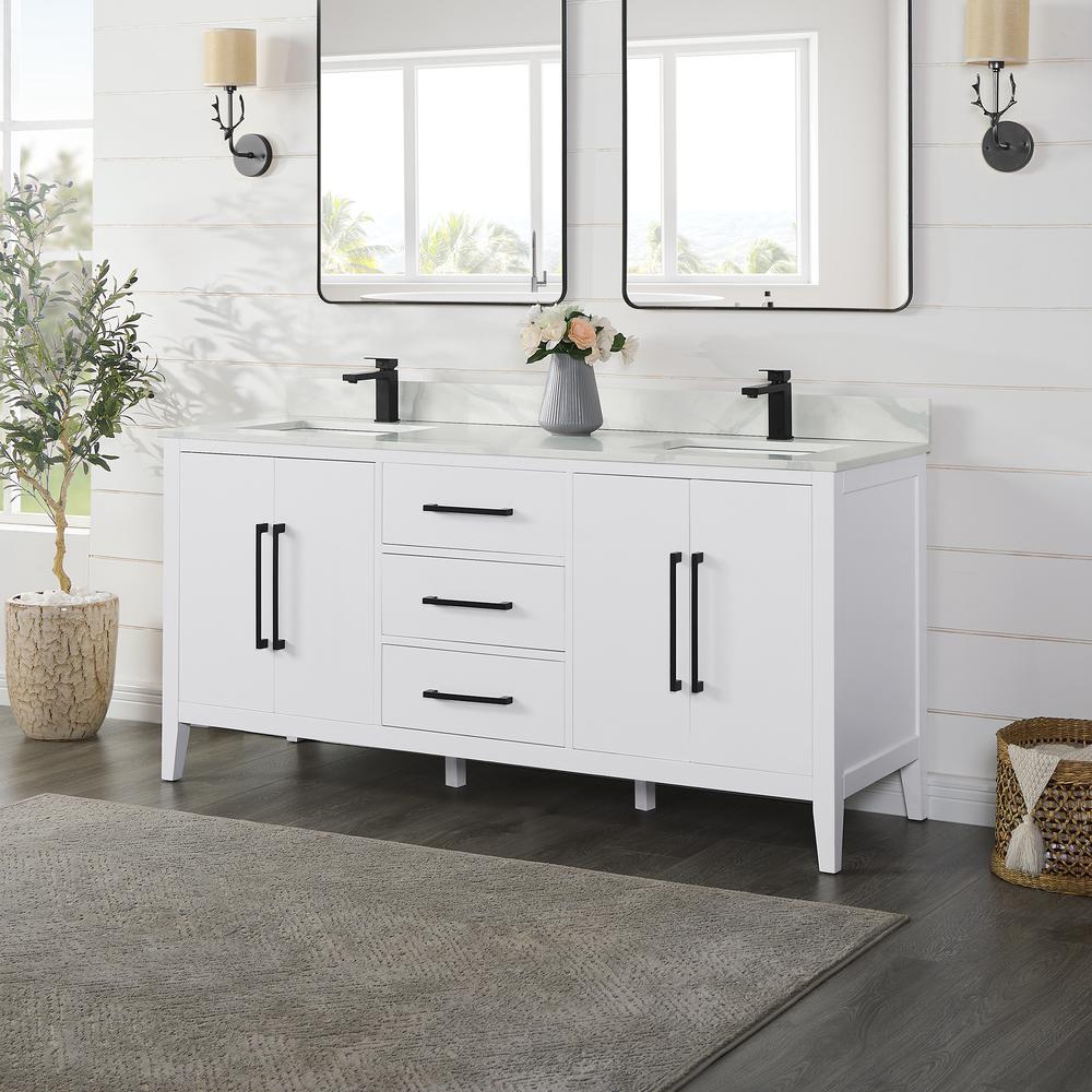 Double Bathroom Vanity in White with Stone Countertop without Mirror. Picture 3