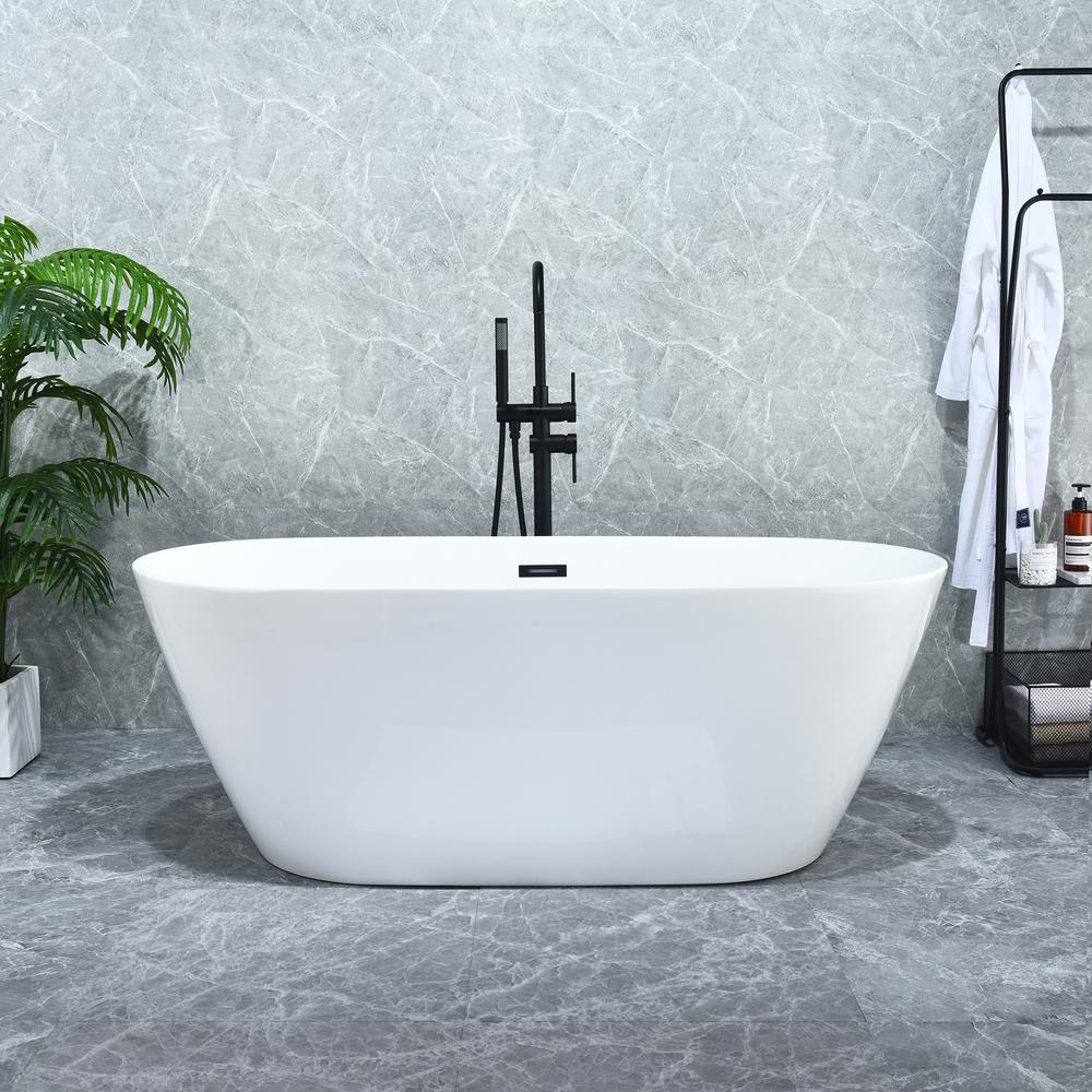 Tazlar 63" x 28" Flatbottom Freestanding Acrylic Soaking Bathtub in Glossy White. Picture 11