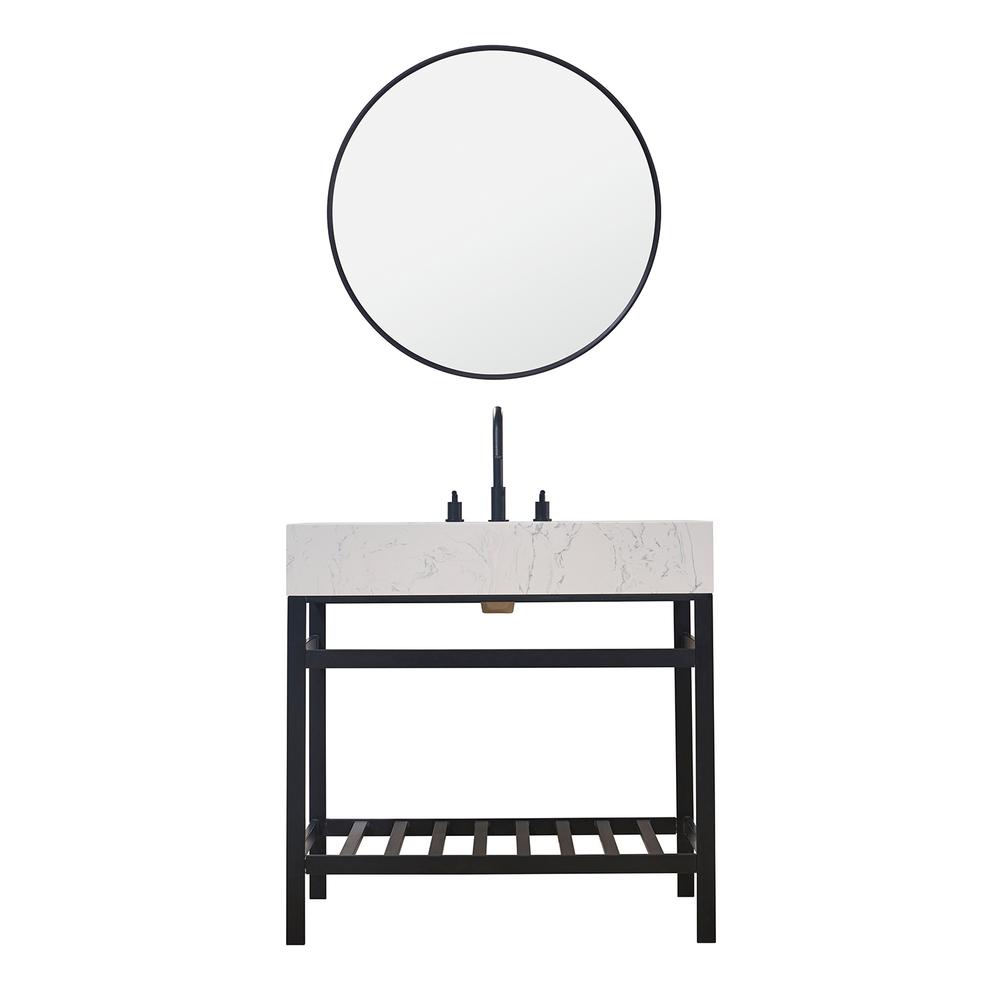 36" Single Stainless Steel Vanity Console in Matt Black and Mirror. Picture 1