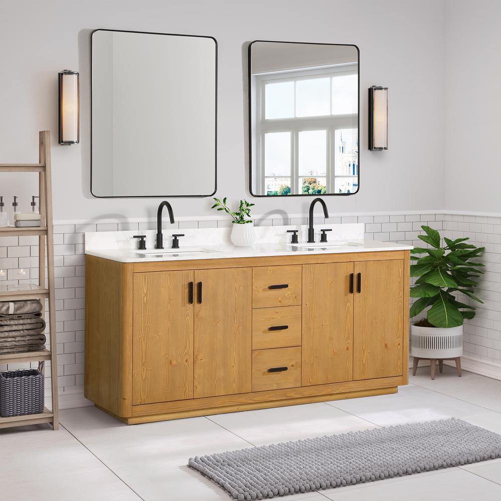 72" Double Bathroom Vanity in Natural Wood with Mirror. Picture 4