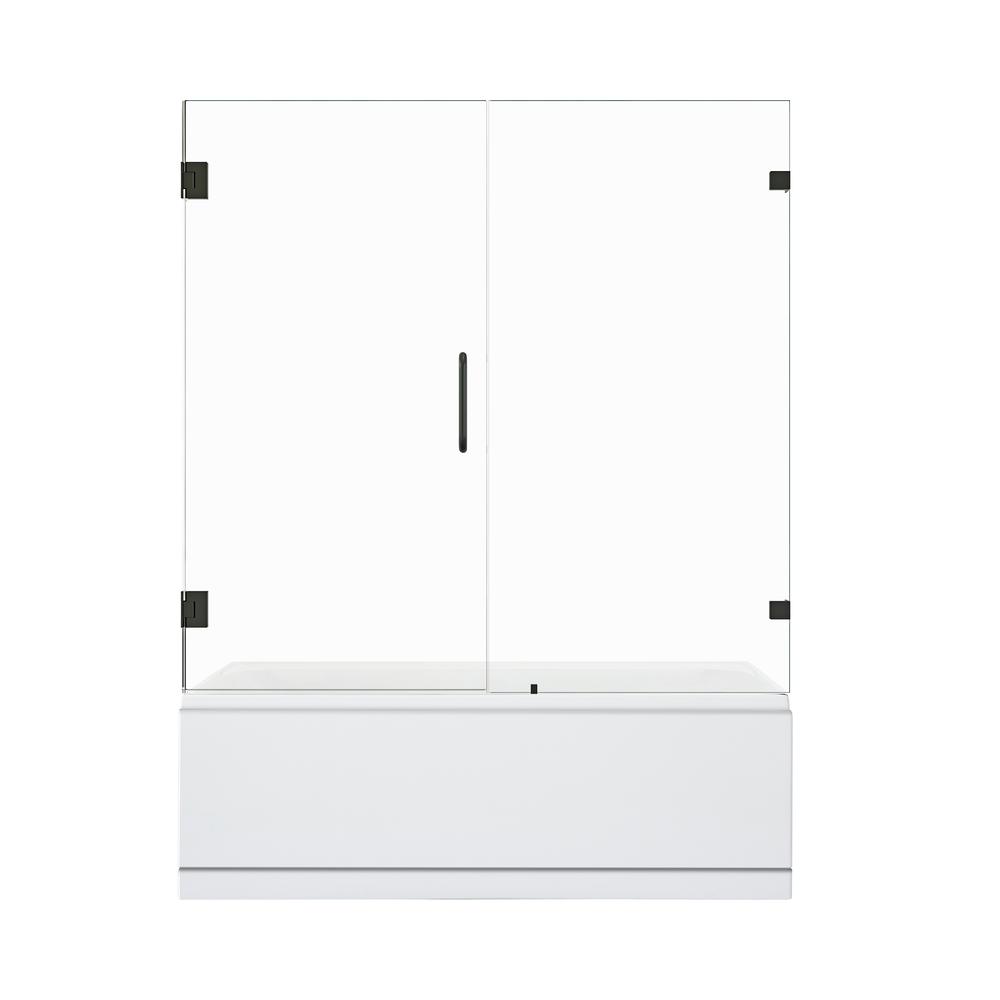 Roisin 60" W x 58" H Frameless Hinged Tub Door in Matte Black with Clear Glass. Picture 2