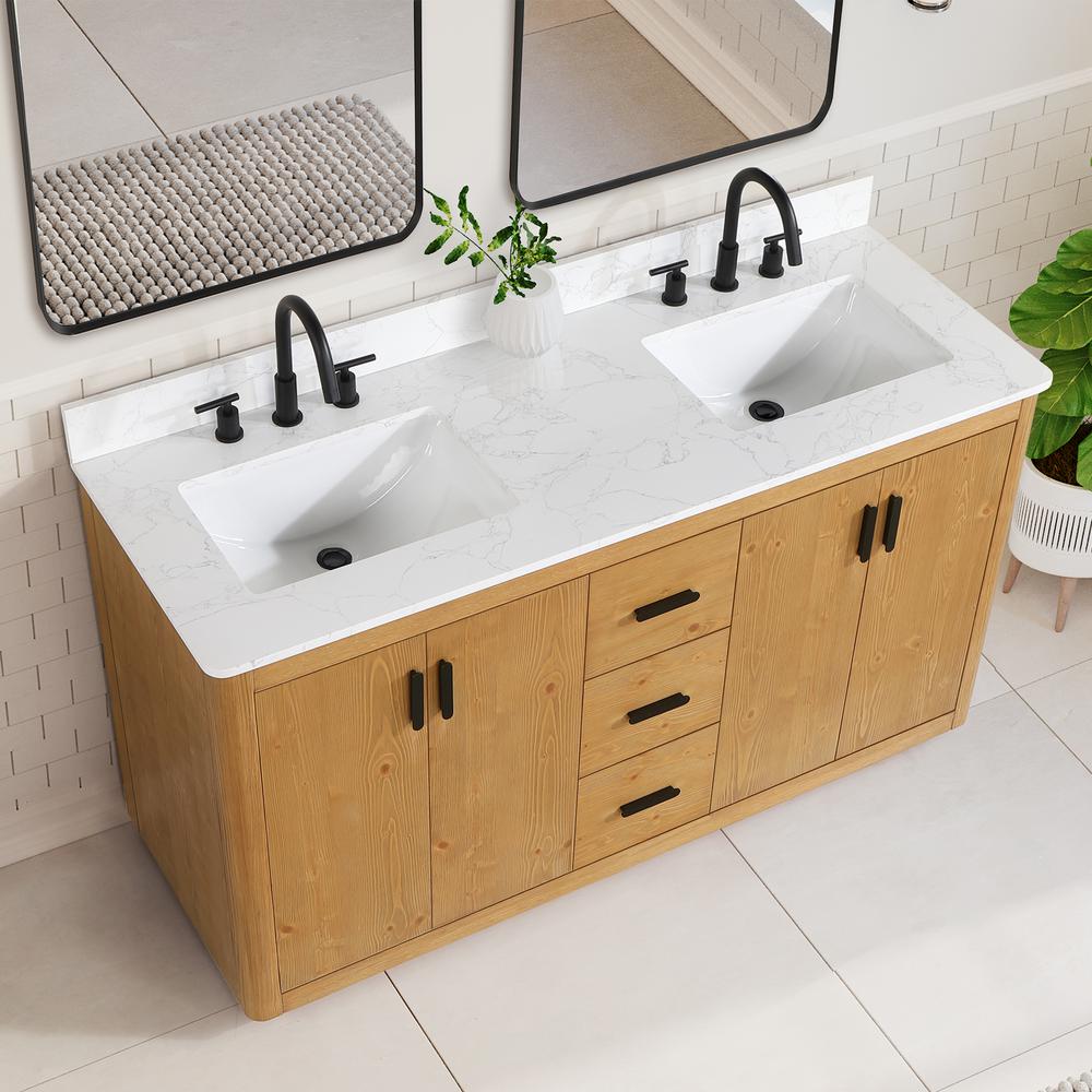 60" Double Bathroom Vanity in Natural Wood with Mirror. Picture 6